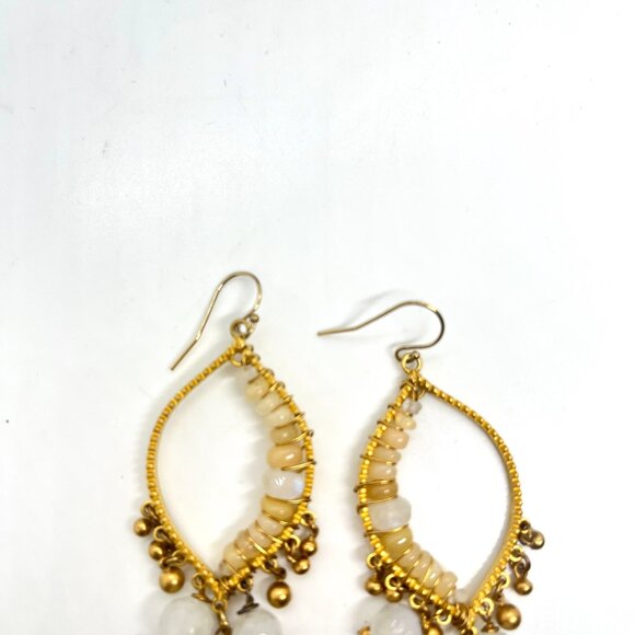 GOLD TONE BEADED CHANDELIER DANGLE EARRINGS BOHO FAUX MOONSTONE YELLOW STONE - Picture 10 of 16